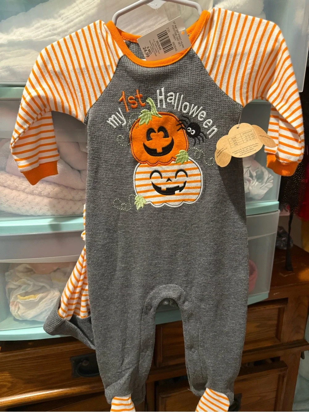 My 1st Halloween Gray & Orange Baby One-Piece with Hat
